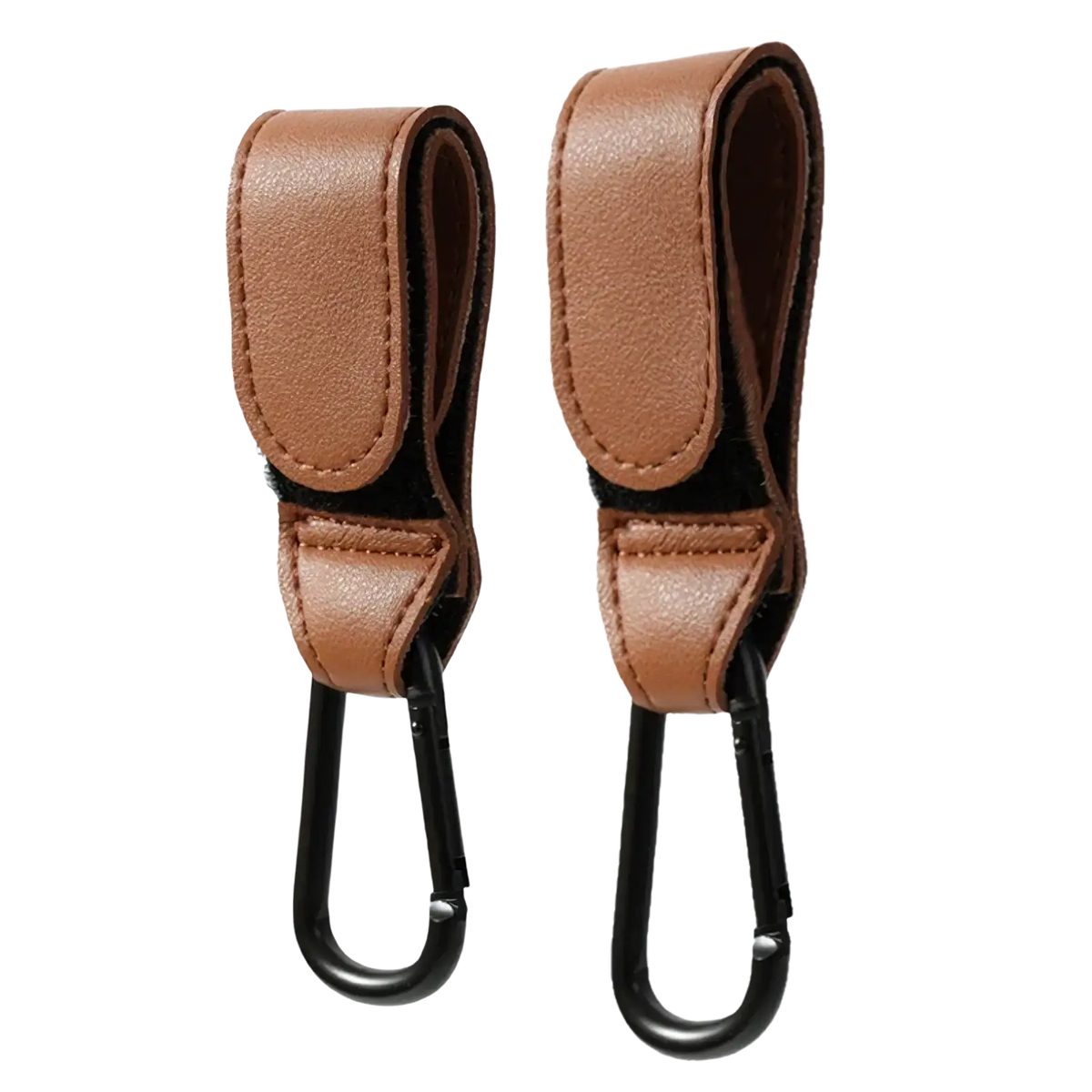 Brown leather stroller hooks with black metal carabiner clips adjustable pu leather pram bag hanger close-up