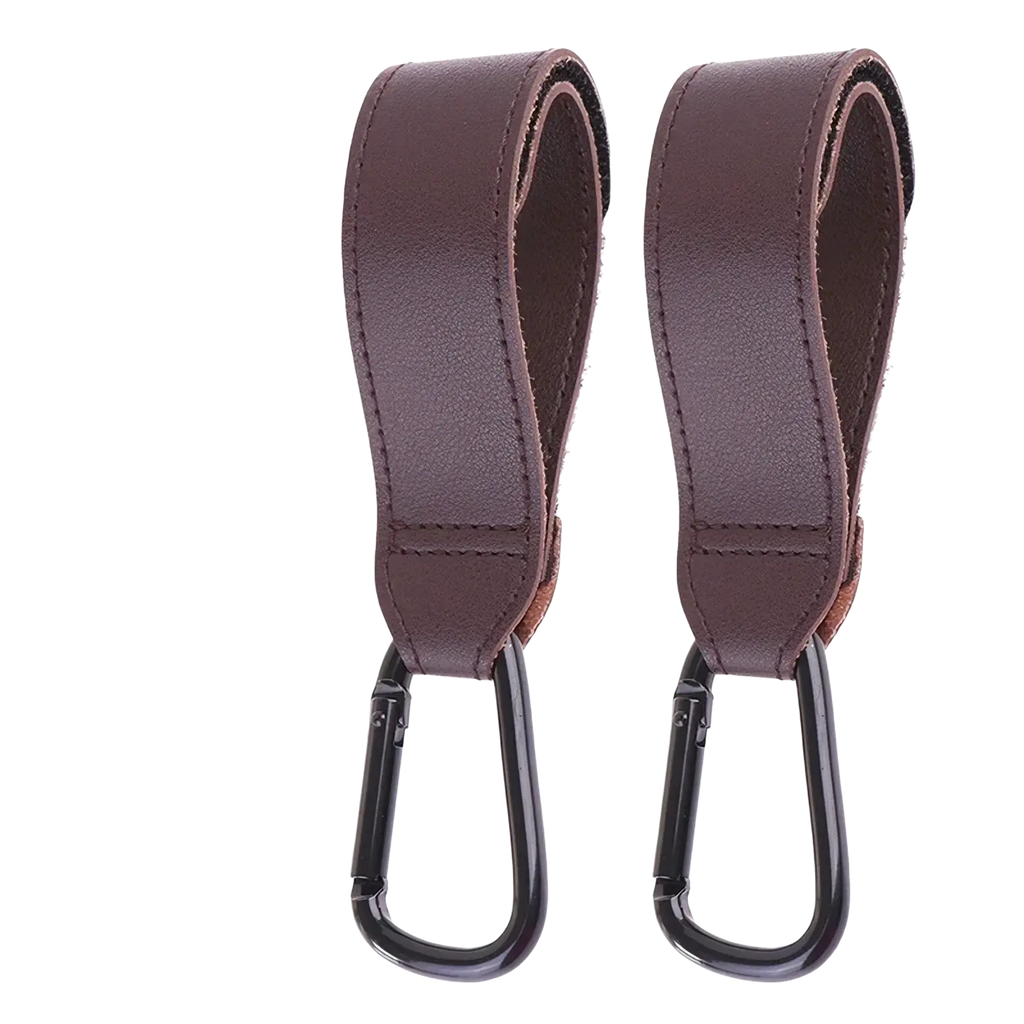 Brown leather stroller hooks with black metal clasps adjustable pu leather pram bag hanger straps