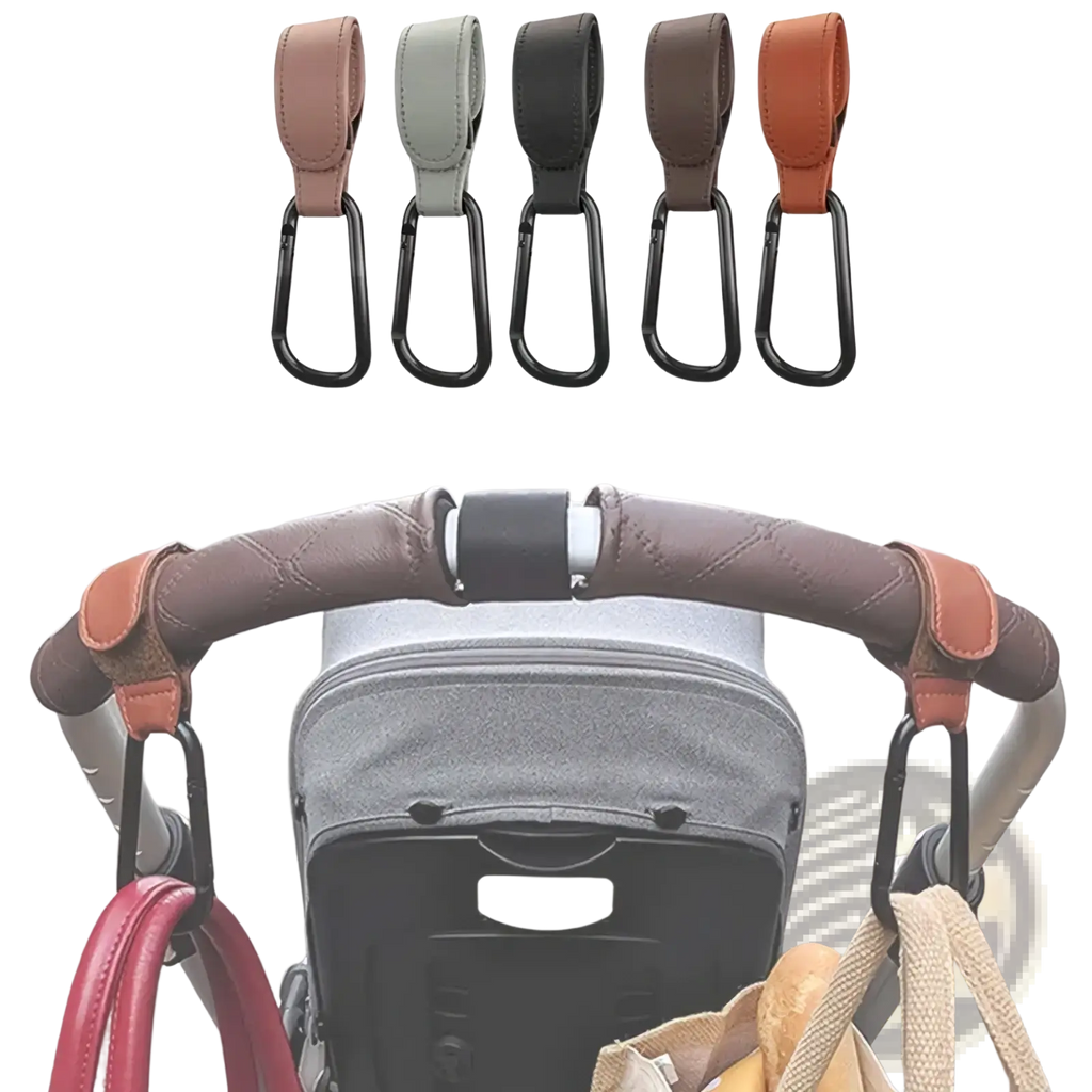 Brown leather stroller hook with black carabiner clip made of pu leather for adjustable pram bag hanging