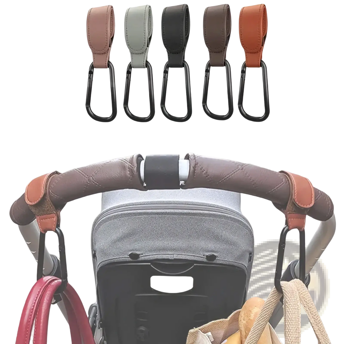 Brown leather stroller hook with black carabiner clip made of pu leather for adjustable pram bag hanging