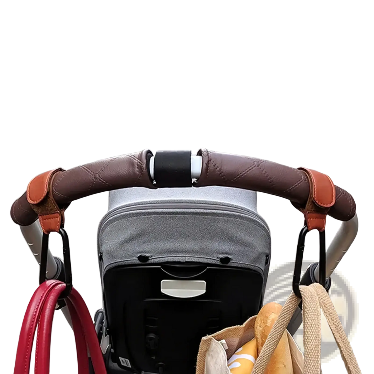 Brown quilted pu leather stroller hooks with tan accents and black metal hooks for adjustable pram bag hanging