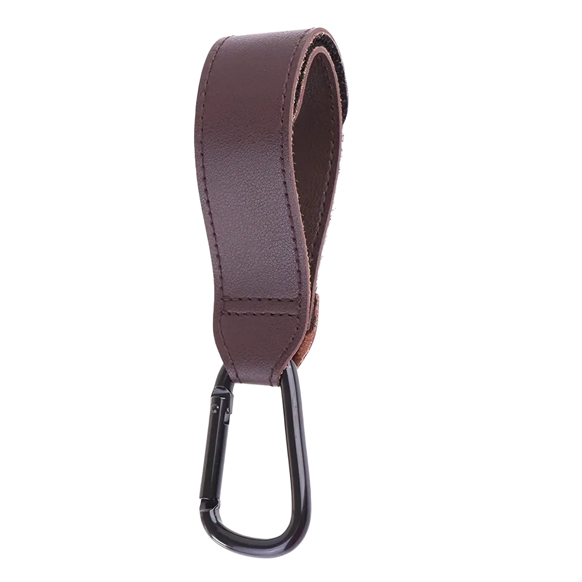 Brown leather strap with black carabiner clip for adjustable pu leather stroller hooks pram bag hanger