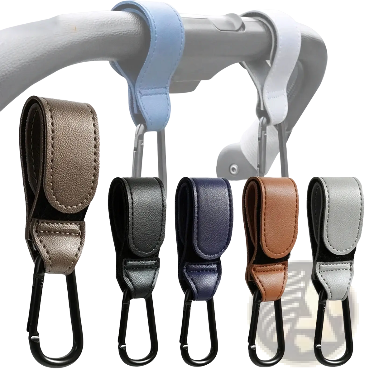 Leather carabiner strap stroller hooks pu leather pram bag hanger adjustable in brown black navy blue tan and silver colors
