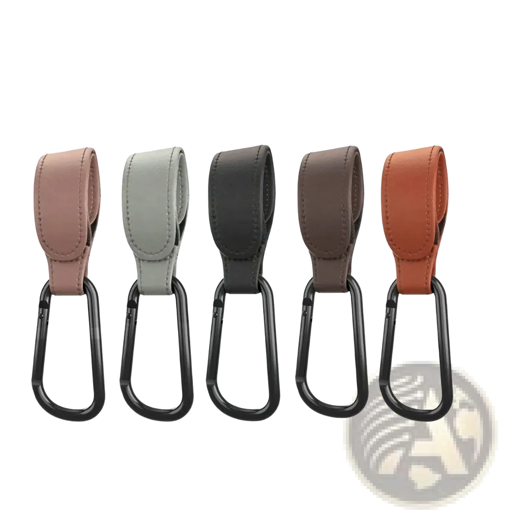 Five leather carabiner stroller hooks in pastel pink light gray black brown and terracotta adjustable pram bag hangers
