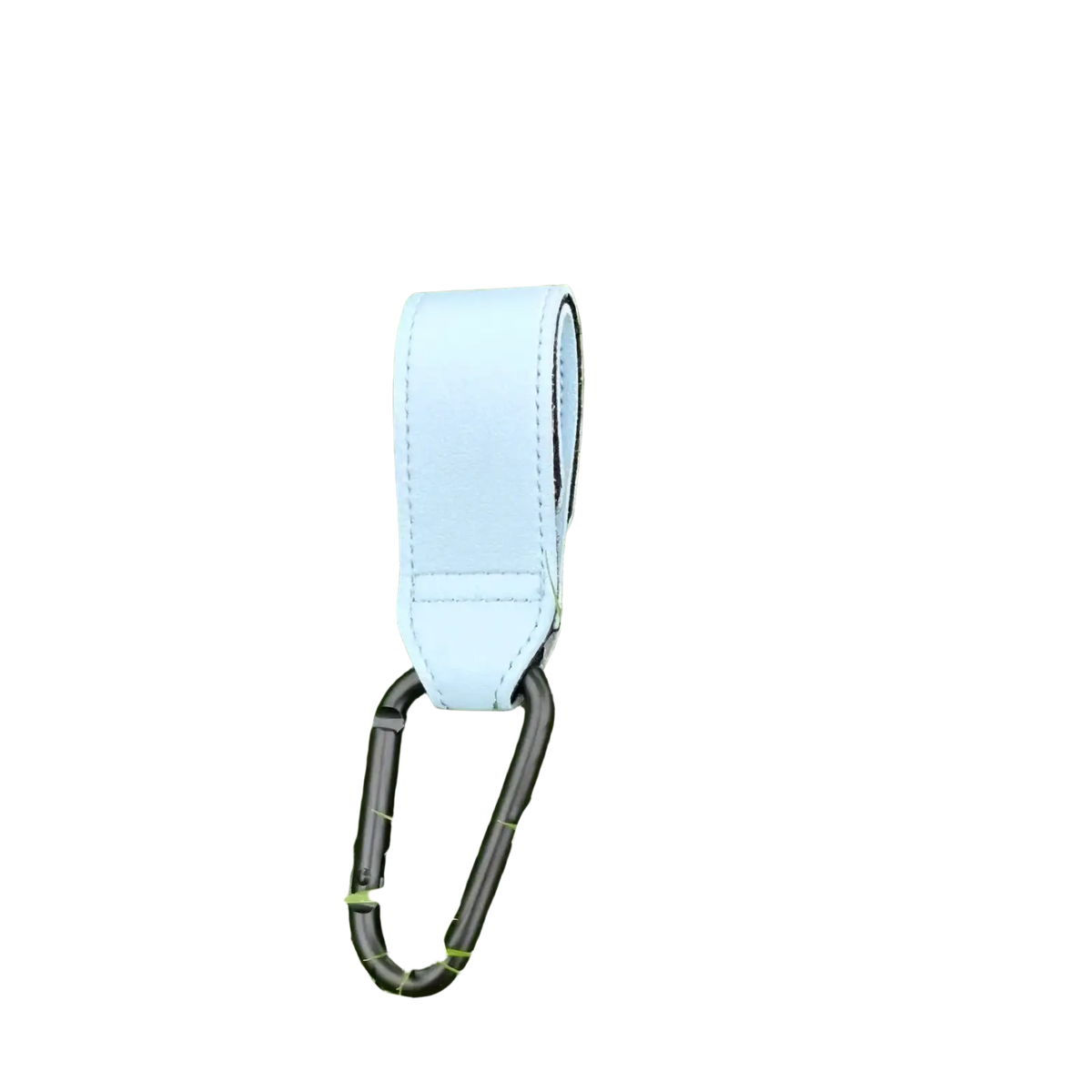 Light blue pu leather stroller hook with adjustable strap and black carabiner clip for pram bag hanging