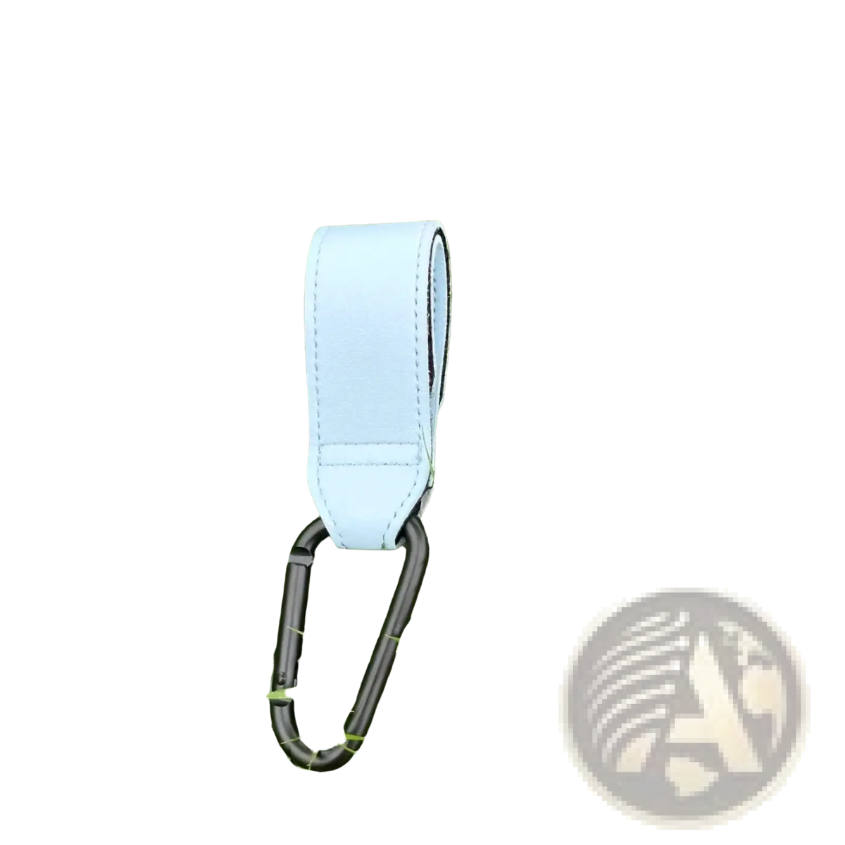 Light blue pu leather stroller hook with adjustable strap and black carabiner clip for pram bag hanging