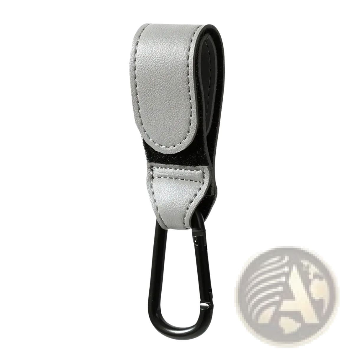 Silver and black pu leather stroller hook with adjustable carabiner strap and stitched detailing for pram bag hanging