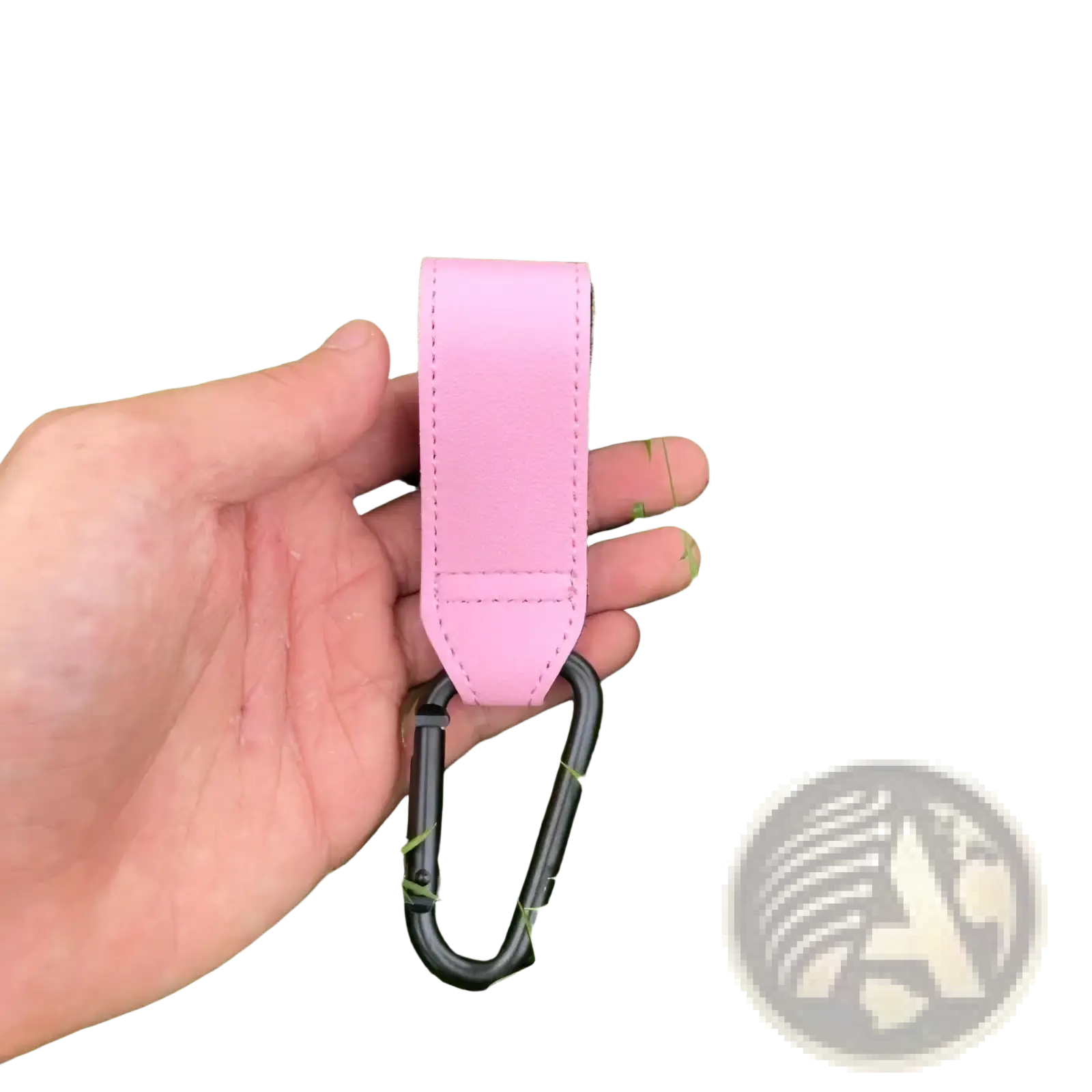 Pink leather stroller hook with black carabiner clip adjustable pram bag hanger for convenient use