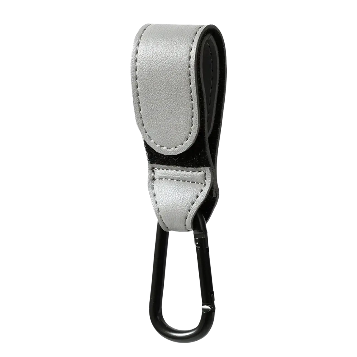 Silver and black pu leather stroller hook with adjustable carabiner strap and stitched detailing for pram bag hanging