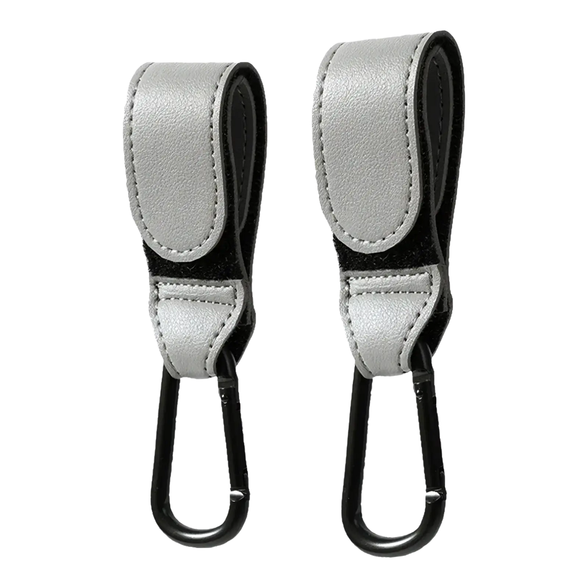 Silver faux leather stroller hooks with black metal carabiner clips for adjustable pram bag hanging and car seat belt straps