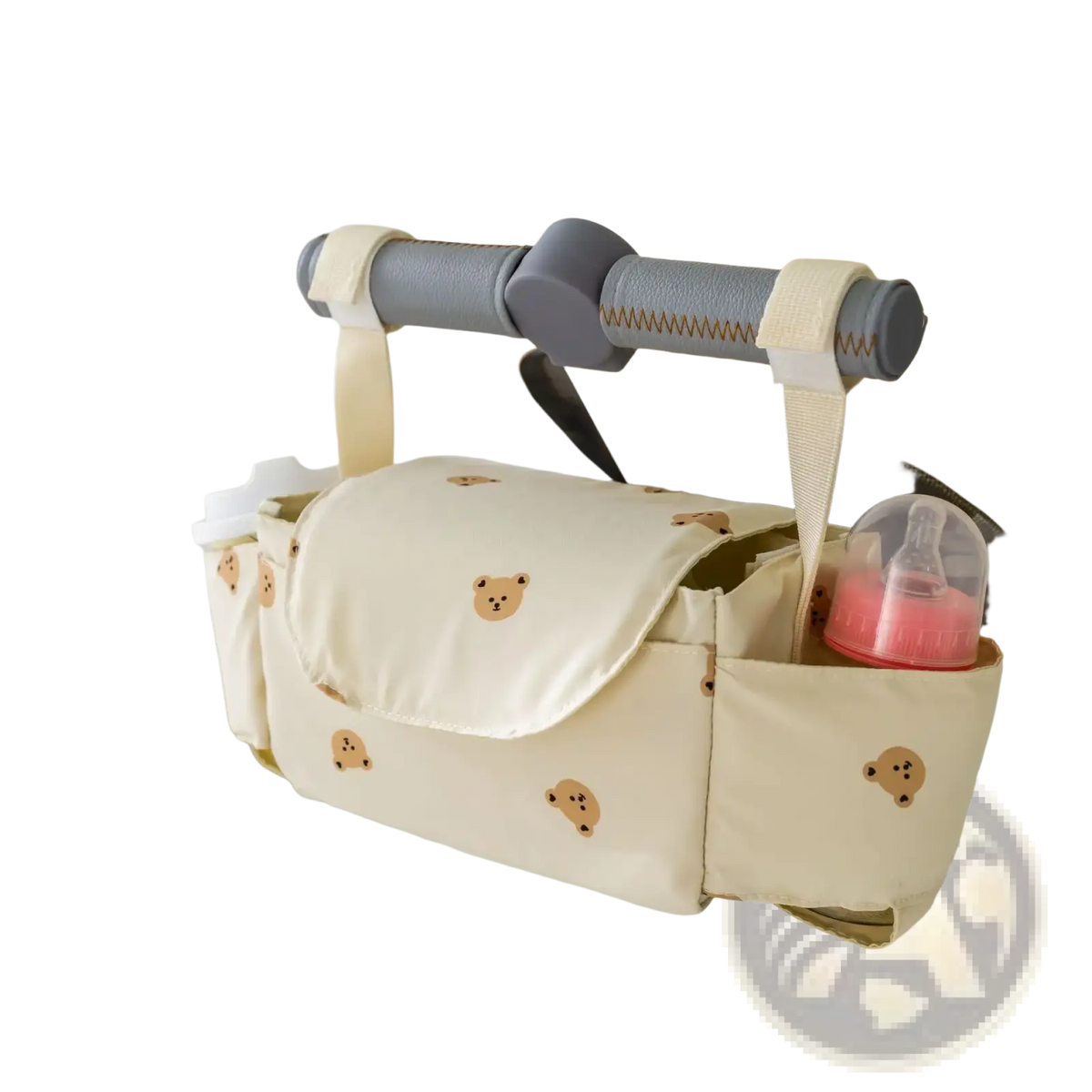 Cream-colored stroller organizer bag with embroidered brown bear faces and multiple compartments for baby essentials