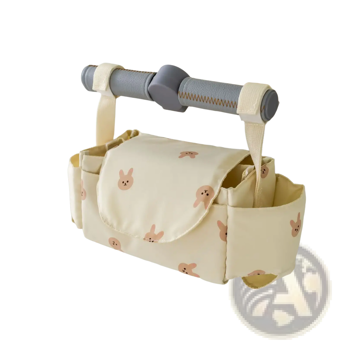 Cream-colored stroller organizer bag with soft plush fabric featuring a cute pattern of small pink bunny faces