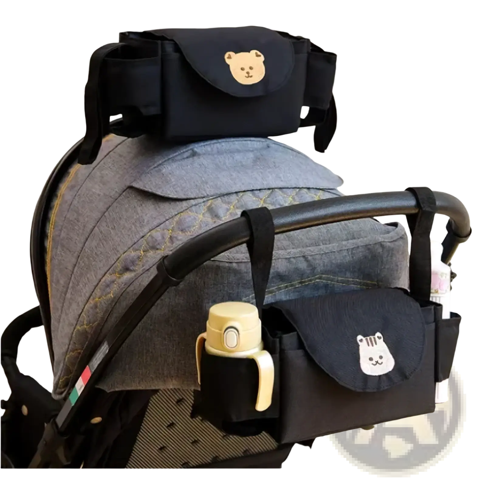 Black stroller organizer bag with embroidered bear faces on pockets for convenient baby accessory storage