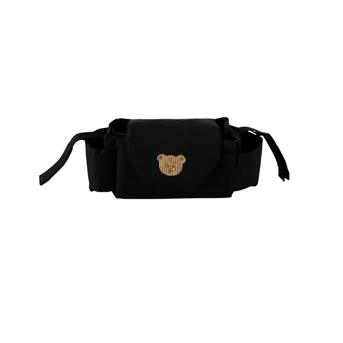 Black fabric stroller organizer bag with gold sequined bear face emblem designed for convenient baby item storage