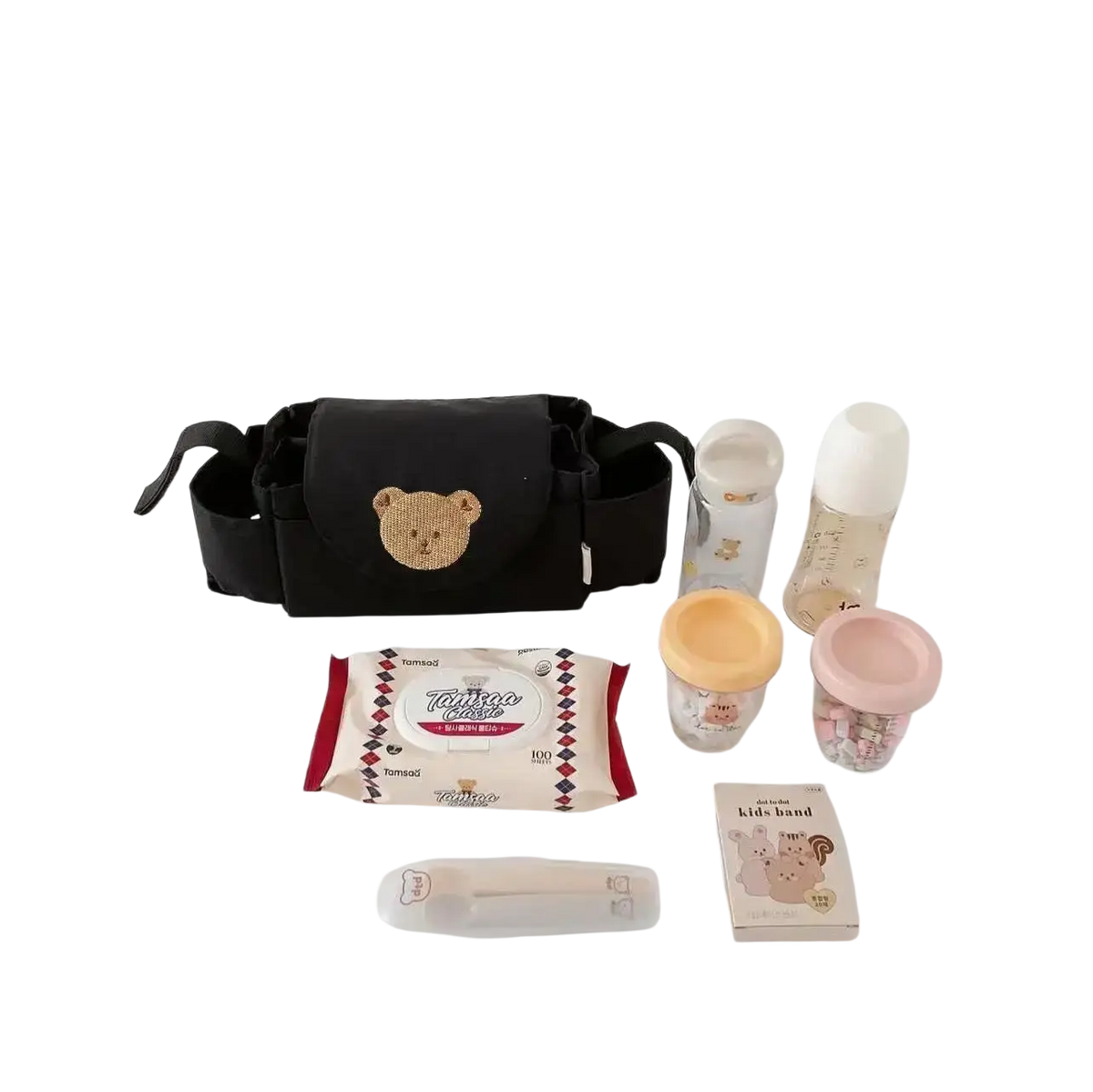 Black fabric stroller organizer bag featuring embroidered bear face detail for baby gear storage