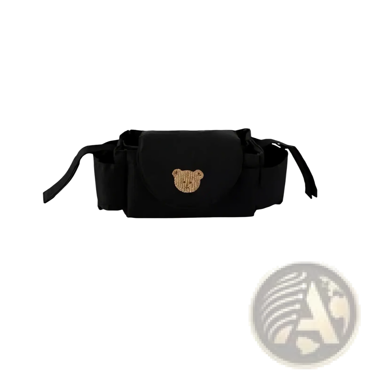Black fabric stroller organizer bag with gold sequined bear face emblem designed for convenient baby item storage