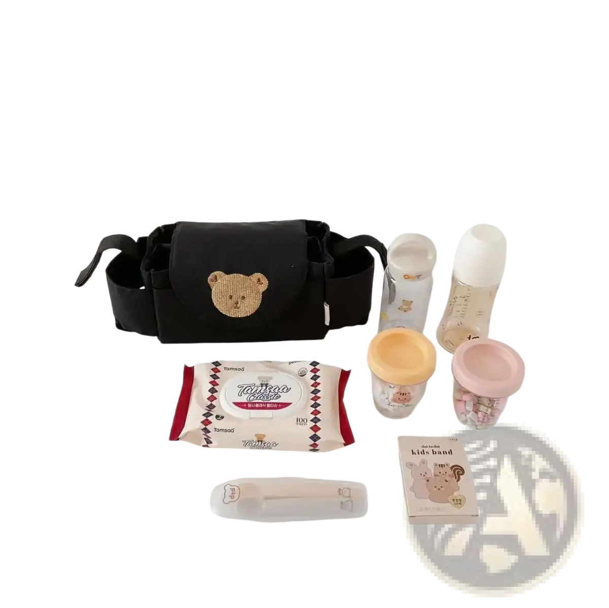 Black fabric stroller organizer bag featuring embroidered bear face detail for baby gear storage