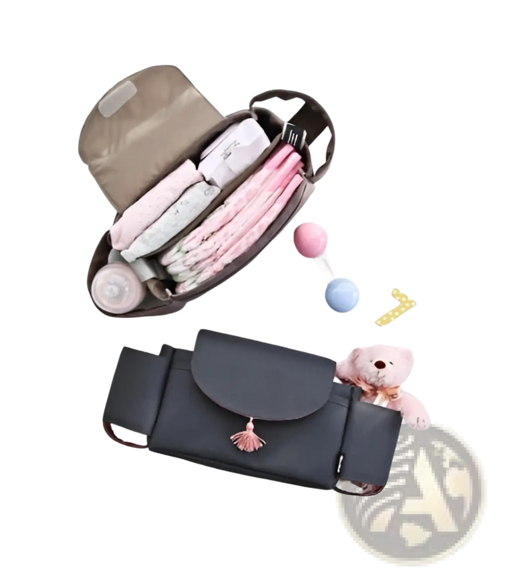 Black leather stroller organizer bag with tassel detail and multi storage pockets for baby essentials