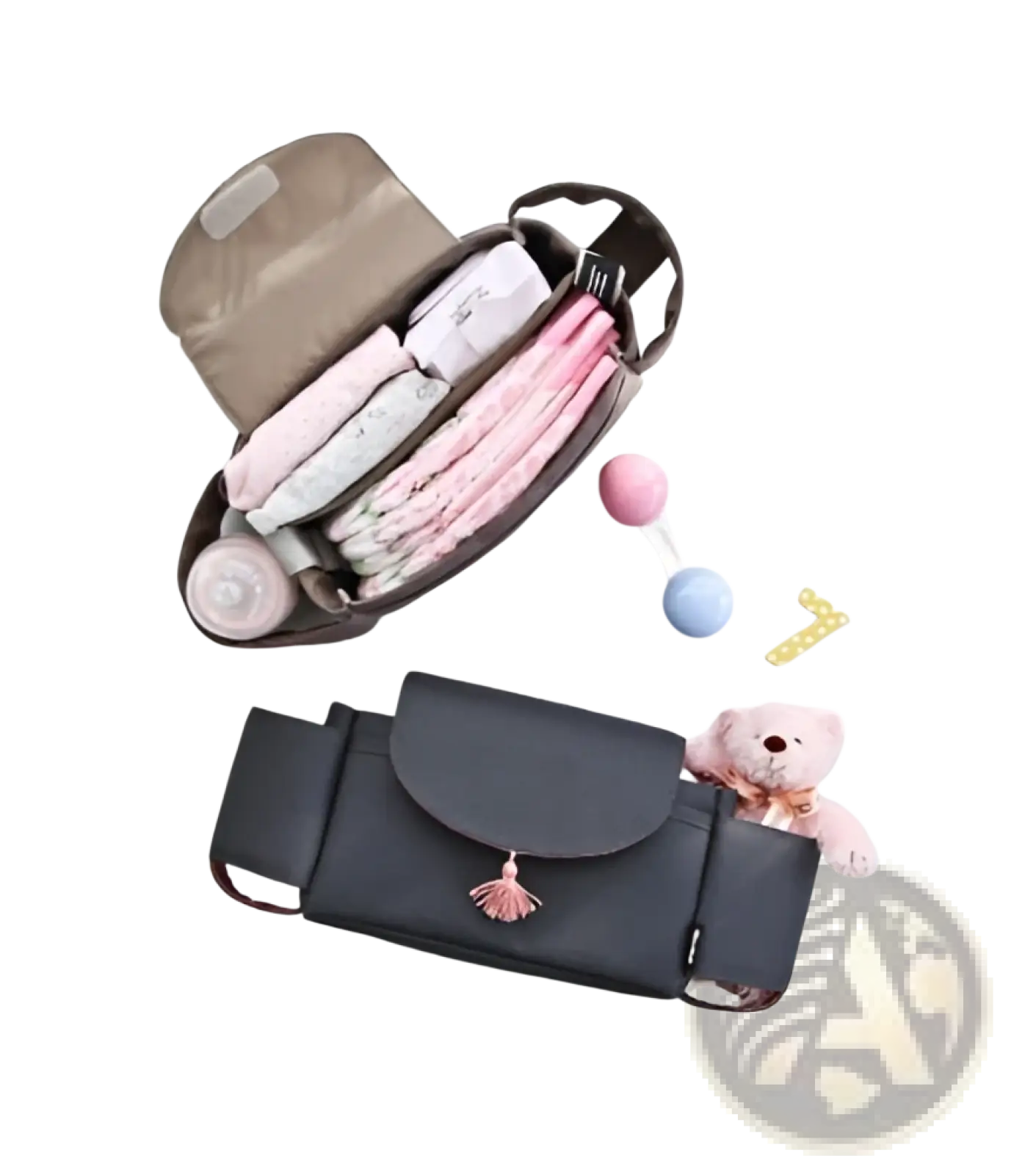 Black leather stroller organizer bag with tassel detail and multi storage pockets for baby essentials