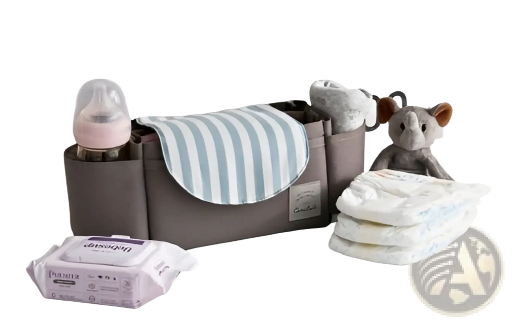 Gray fabric stroller organizer bag with multi storage pockets and a striped blue and white cloth insert