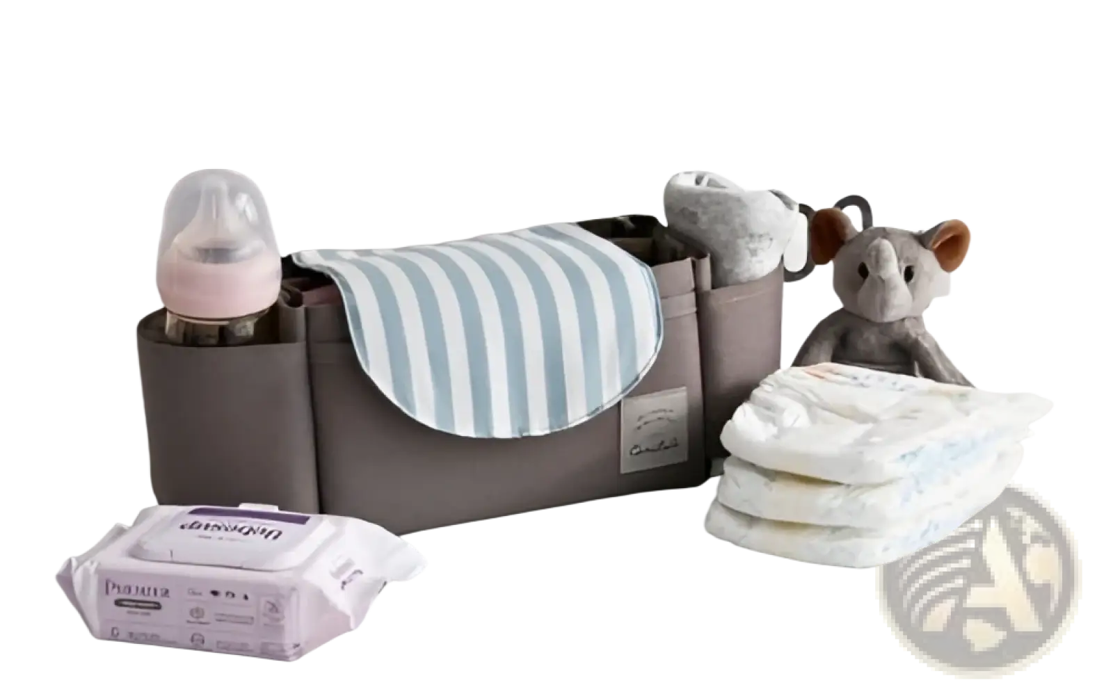 Gray fabric stroller organizer bag with multi storage pockets and a striped blue and white cloth insert
