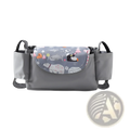 Gray baby car seat organizer with curved front panel featuring colorful cartoon animals and winter patterns for stroller use