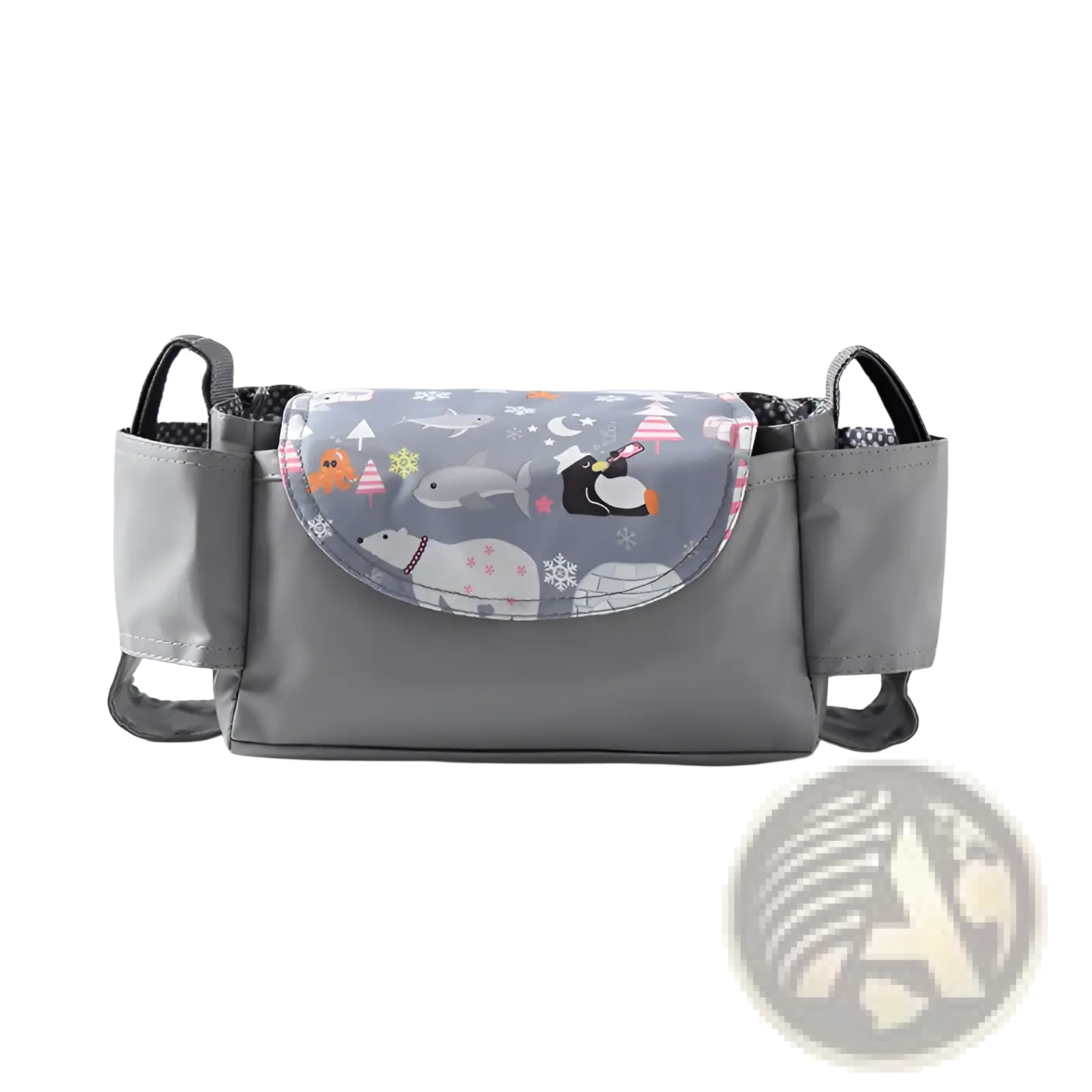 Gray baby car seat organizer with curved front panel featuring colorful cartoon animals and winter patterns for stroller use