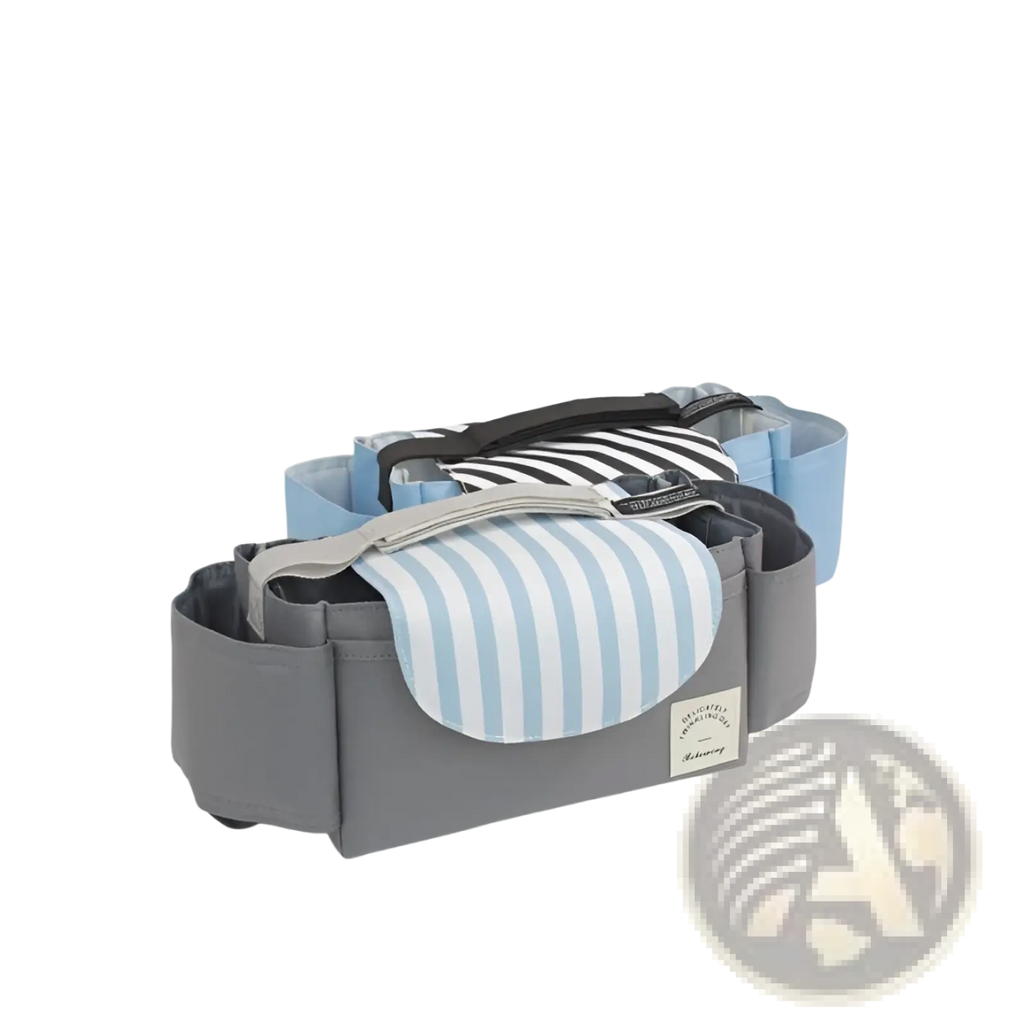 Gray stroller organizer bag with light blue and white striped fabric flap, multiple compartments, and black strap