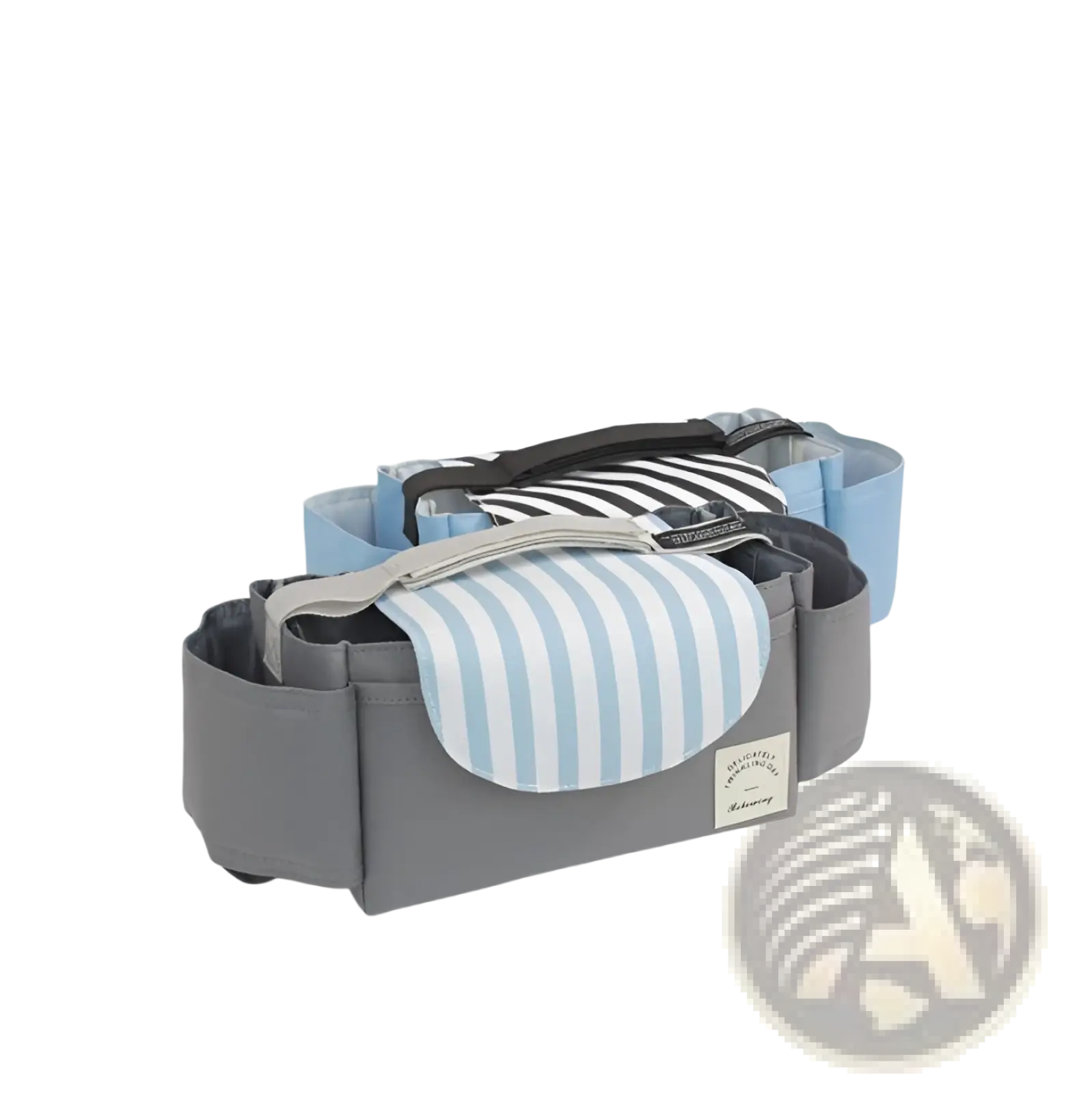 Gray stroller organizer bag with light blue and white striped fabric flap, multiple compartments, and black strap