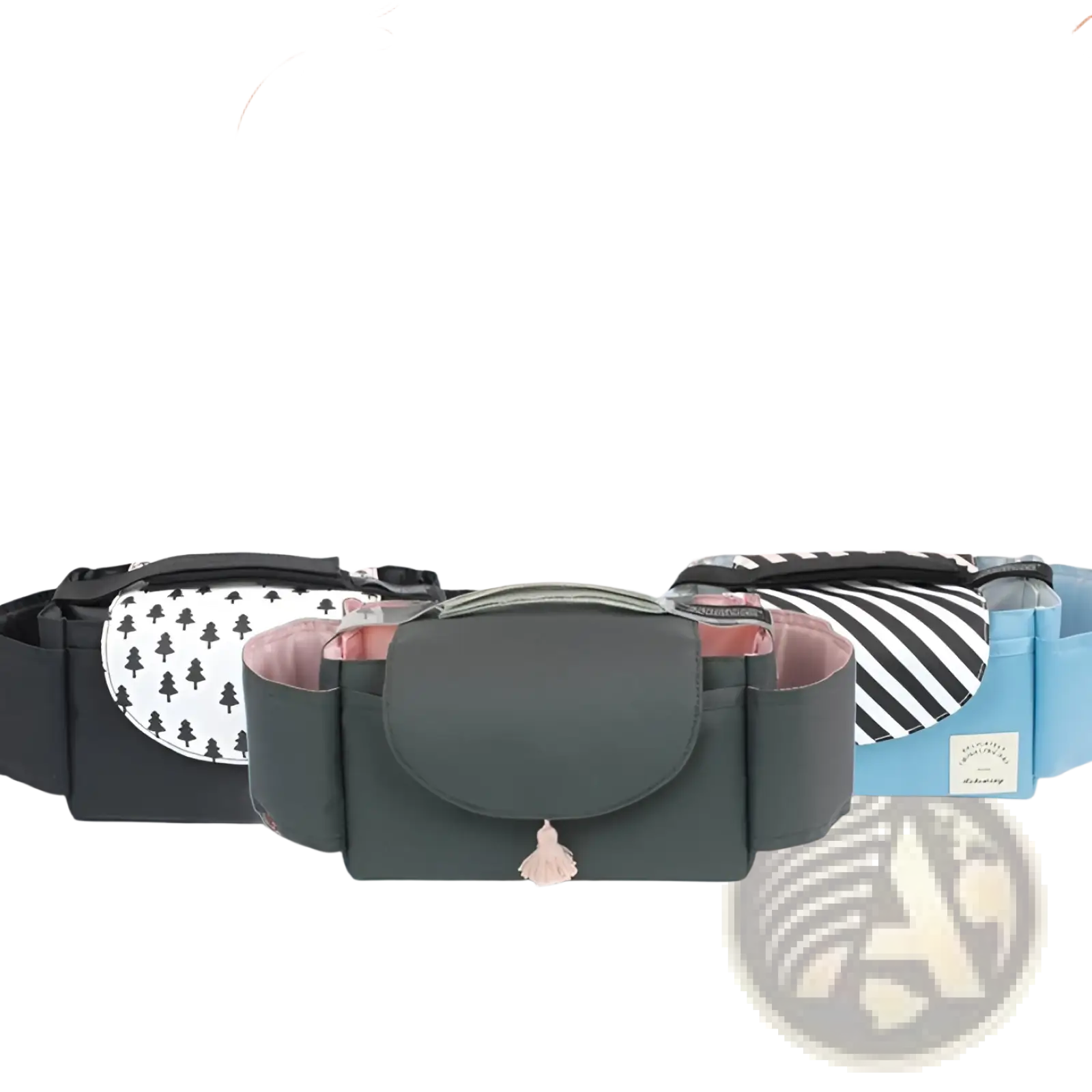 Three baby carriers in black gray and blue with patterned panels featuring stroller organizer bag with multi storage pockets