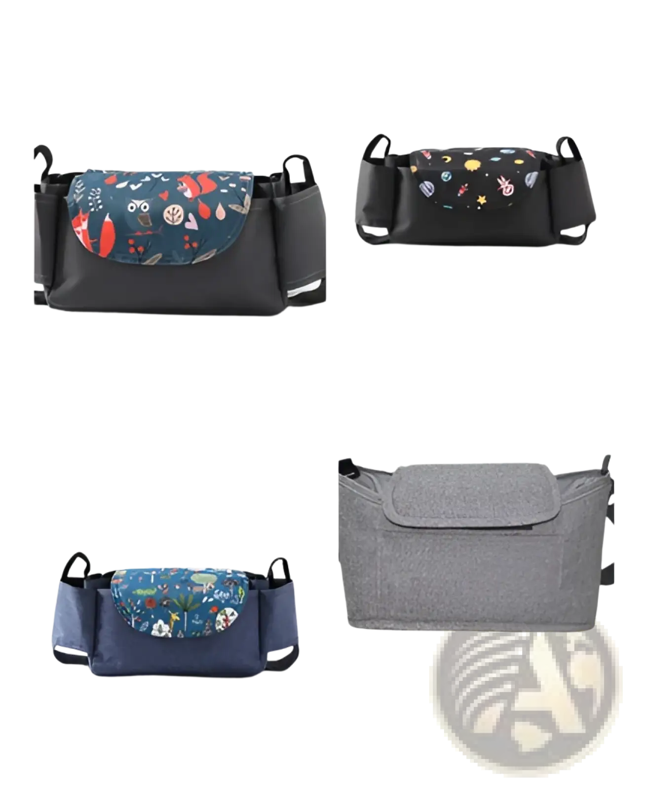 Stroller organizer bag in black and navy blue with floral flap and multiple storage compartments for baby car seat