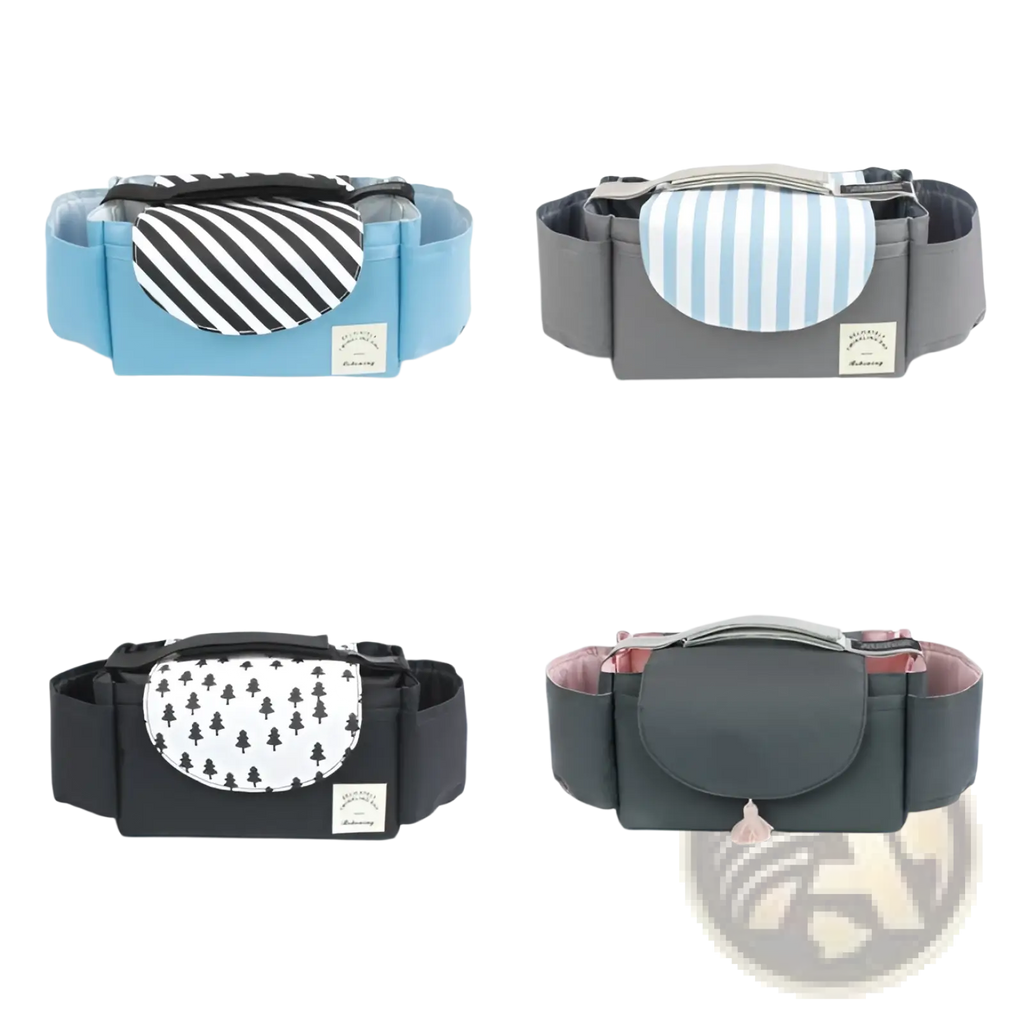 Stroller organizer bag with multi storage pockets featuring blue gray black and dark green baby gear belts with striped panels