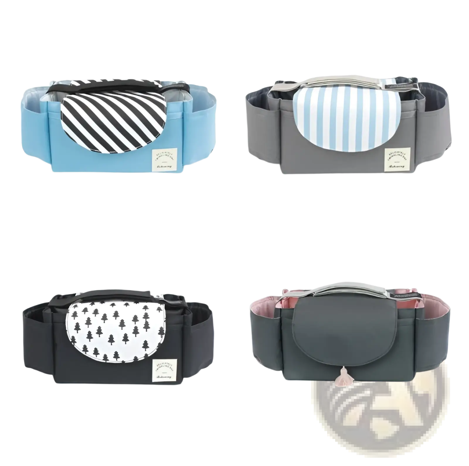 Stroller organizer bag with multi storage pockets featuring blue gray black and dark green baby gear belts with striped panels