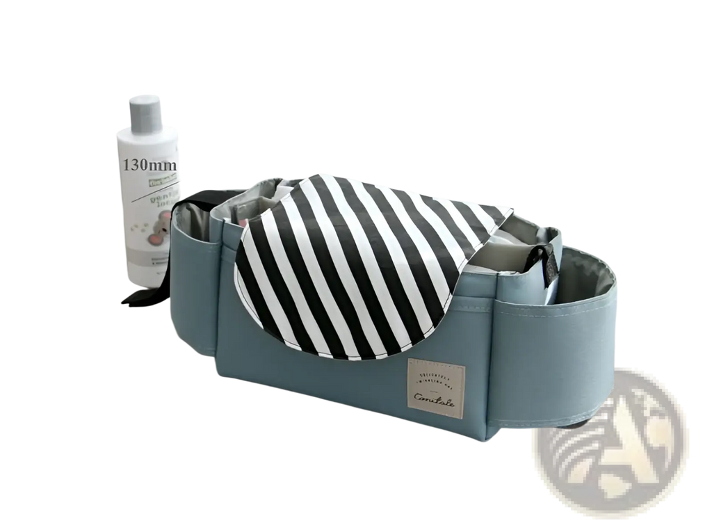 Light blue fabric baby changing pad with black and white striped interior lining for stroller organizer bag with multi storage pockets