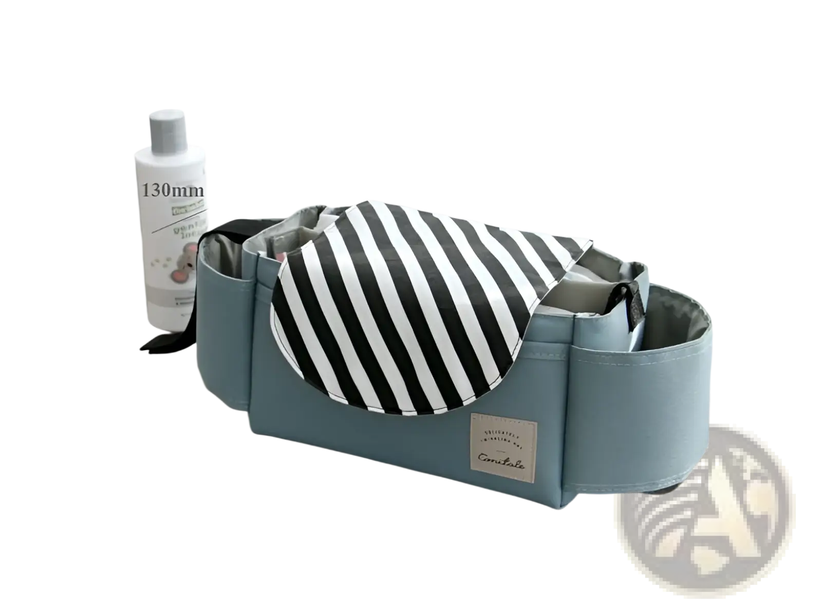 Light blue fabric baby changing pad with black and white striped interior lining for stroller organizer bag with multi storage pockets
