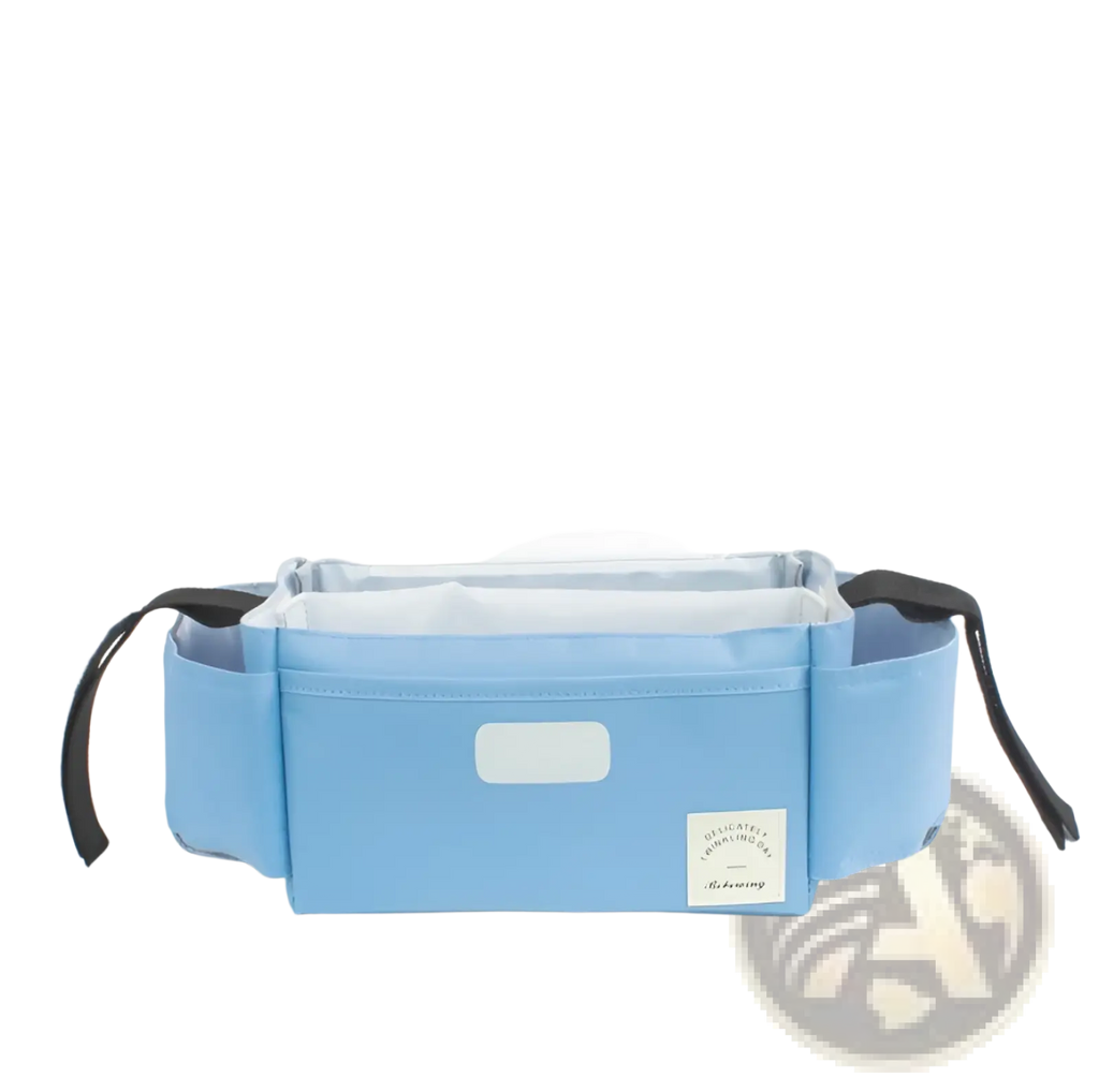 Light blue fabric stroller organizer bag with black straps white label patch and multi storage pockets