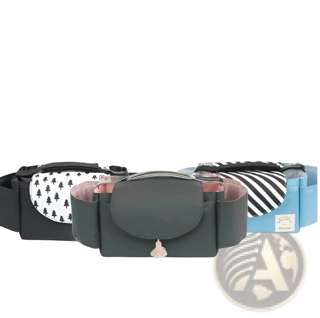 Dark gray stroller organizer bag belt with soft pink interior and small metallic clasp for multi storage pockets