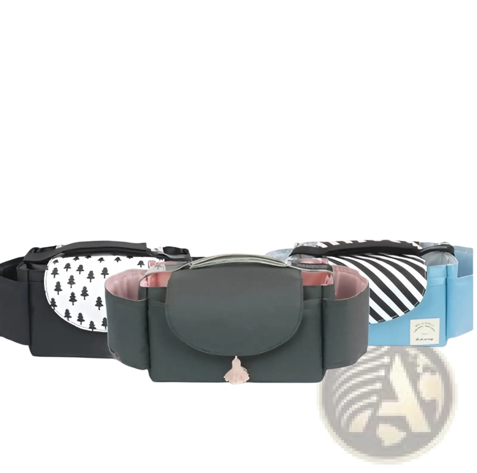 Dark gray stroller organizer bag belt with soft pink interior and small metallic clasp for multi storage pockets