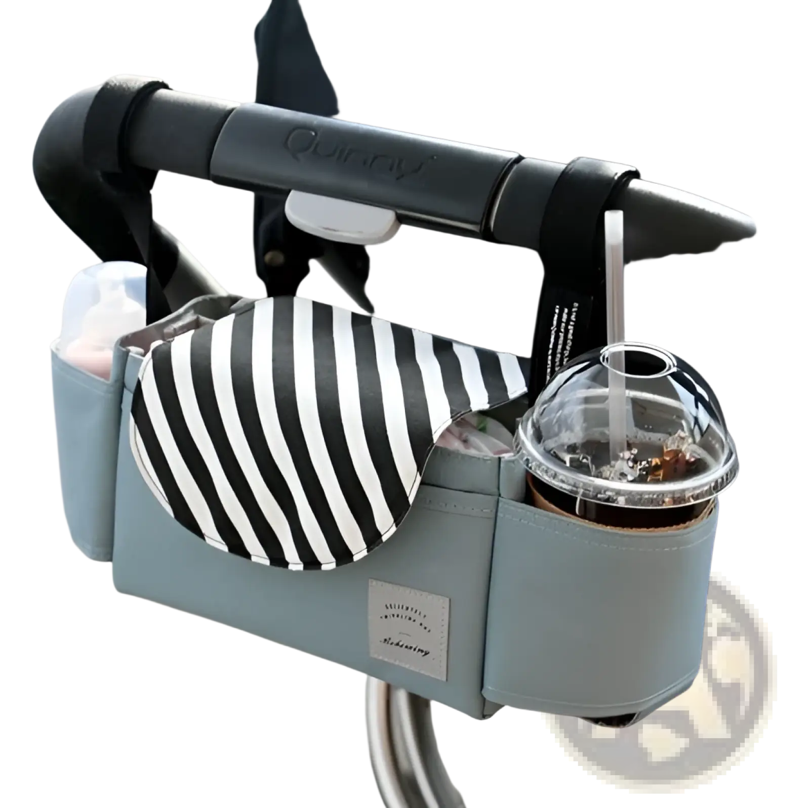 Light blue stroller organizer bag with black and white striped fabric insert and cup holder holding a drink with clear lid
