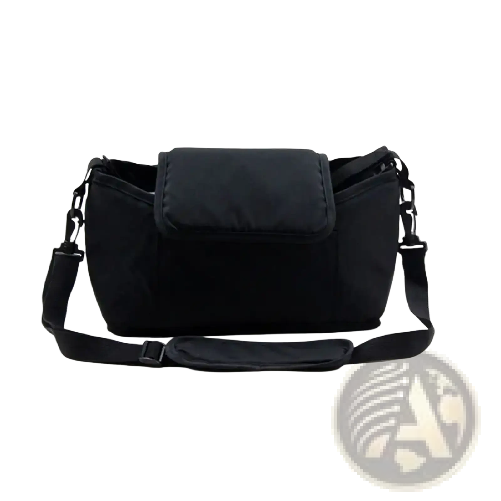 Black nylon stroller organizer bag with adjustable strap and front flap closure for universal pram storage caddy