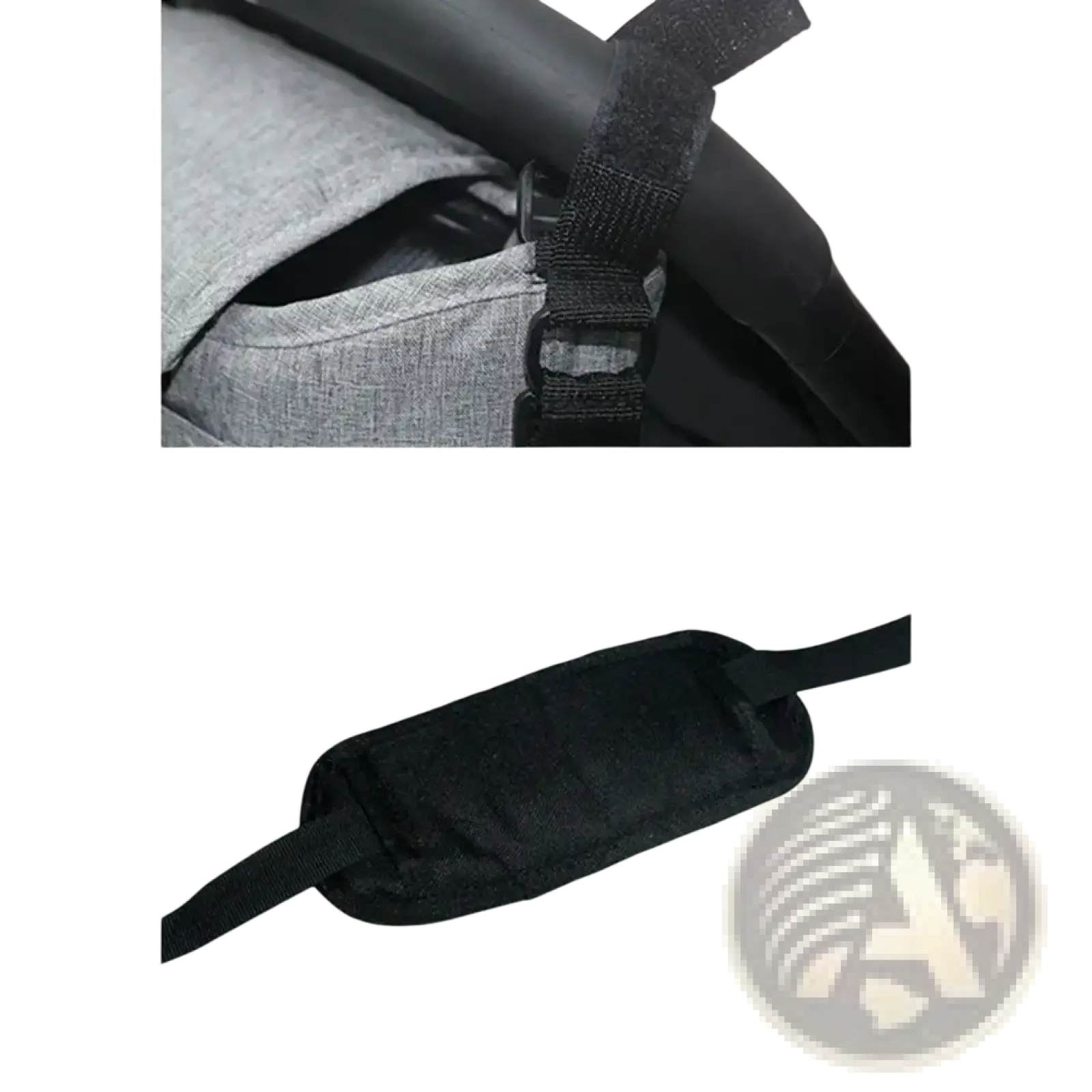 Black padded strap with adjustable velcro closure on the back of stroller organizer bag for universal pram storage caddy