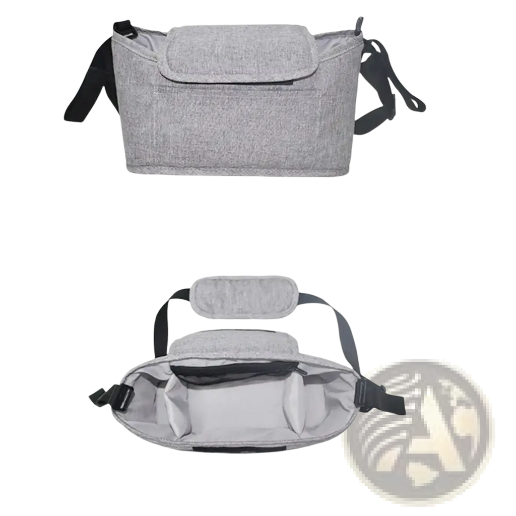 Gray textured fabric stroller organizer bag with black adjustable straps and front pocket for universal pram storage