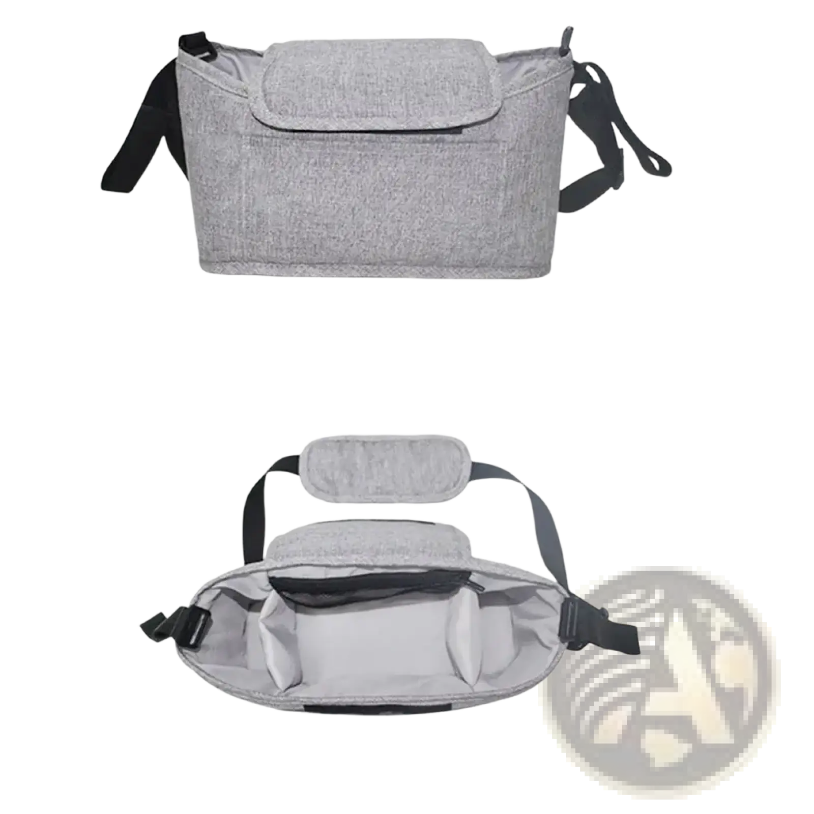 Gray textured fabric stroller organizer bag with black adjustable straps and front pocket for universal pram storage