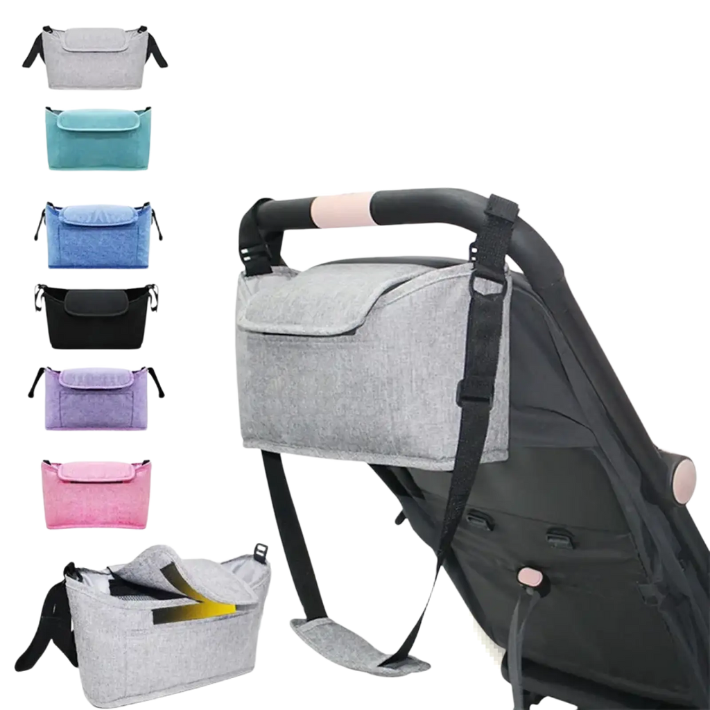 Gray textured fabric stroller organizer bag with black straps and front pocket for universal pram storage caddy