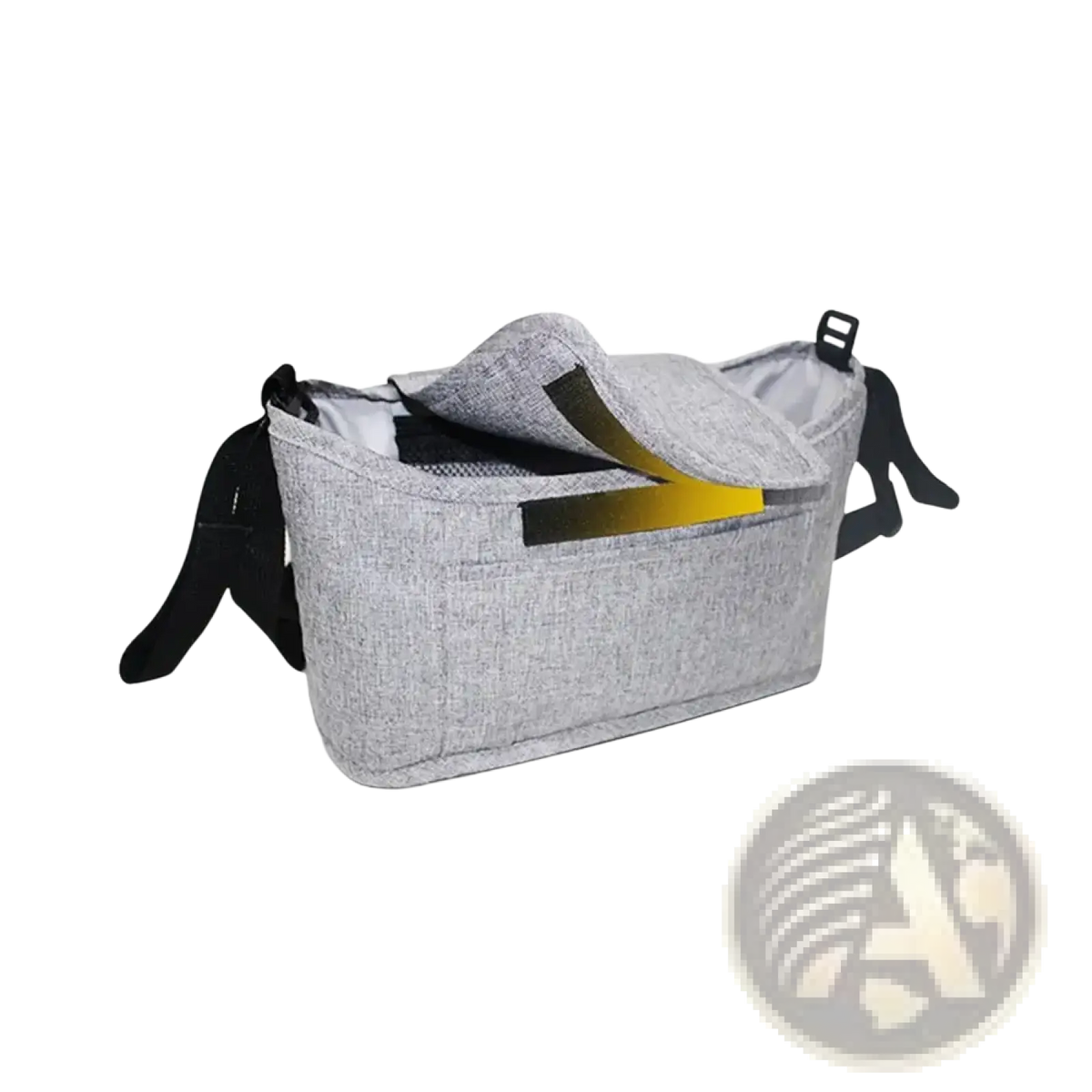 Gray textured fabric baby carrier insert with black straps and yellow accent stripe for universal stroller organizer bag