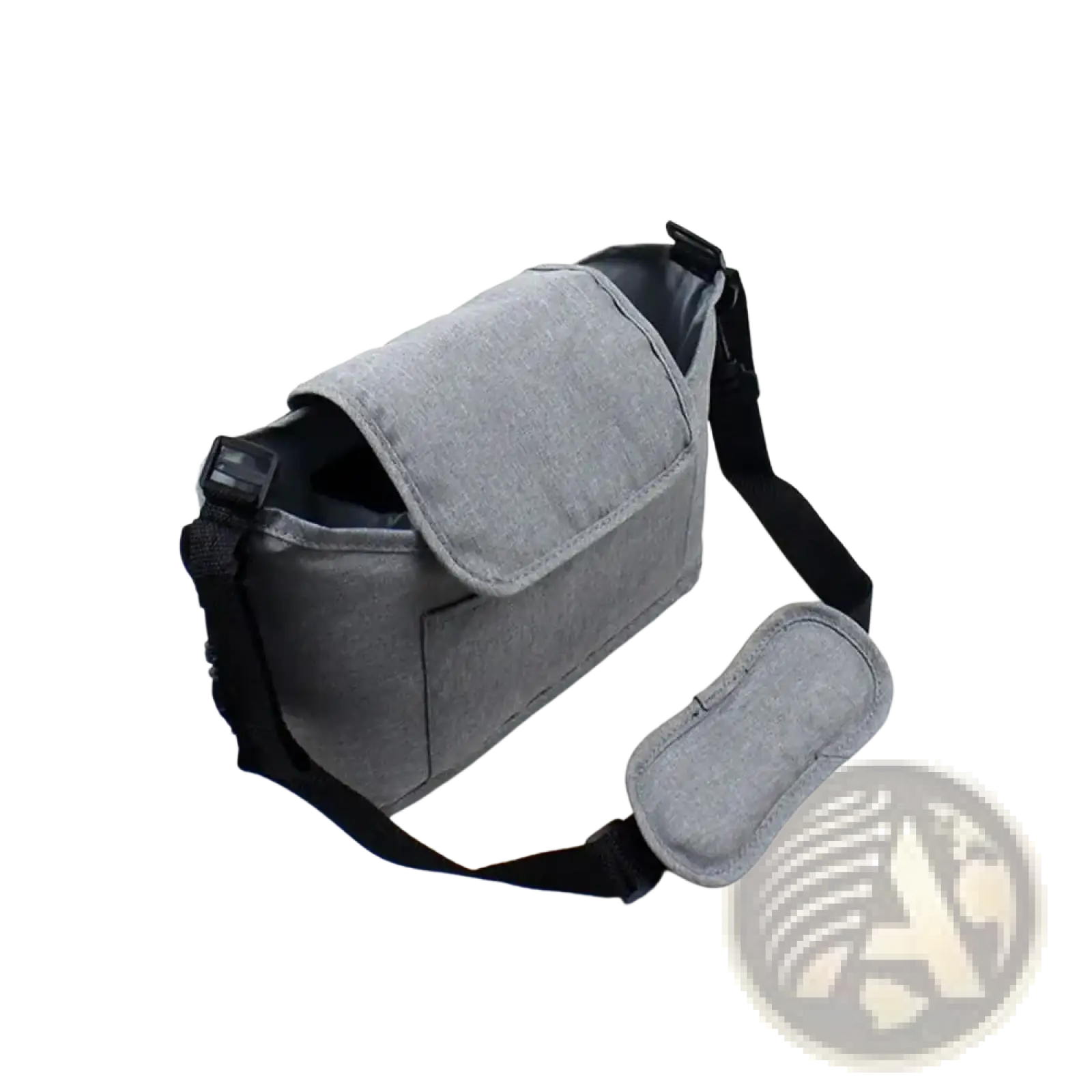 Gray fabric stroller organizer bag with black adjustable strap and matching gray eye mask for pram storage
