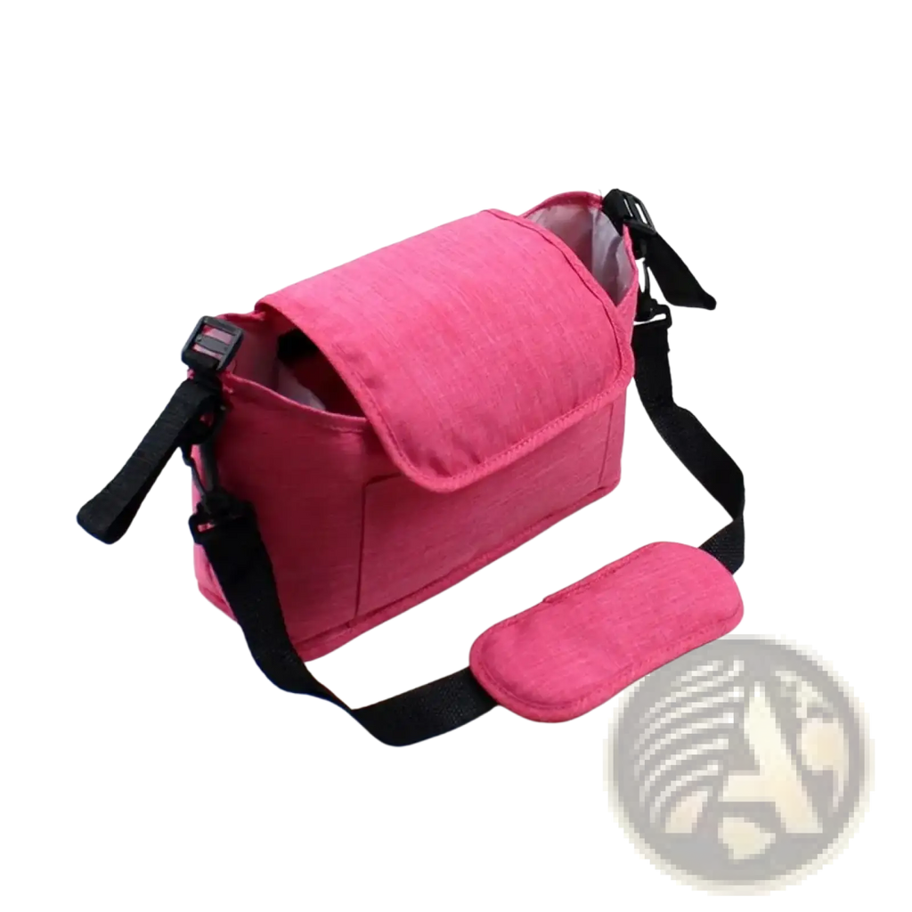 Pink fabric stroller organizer bag with black adjustable straps and padded shoulder pad for universal pram storage