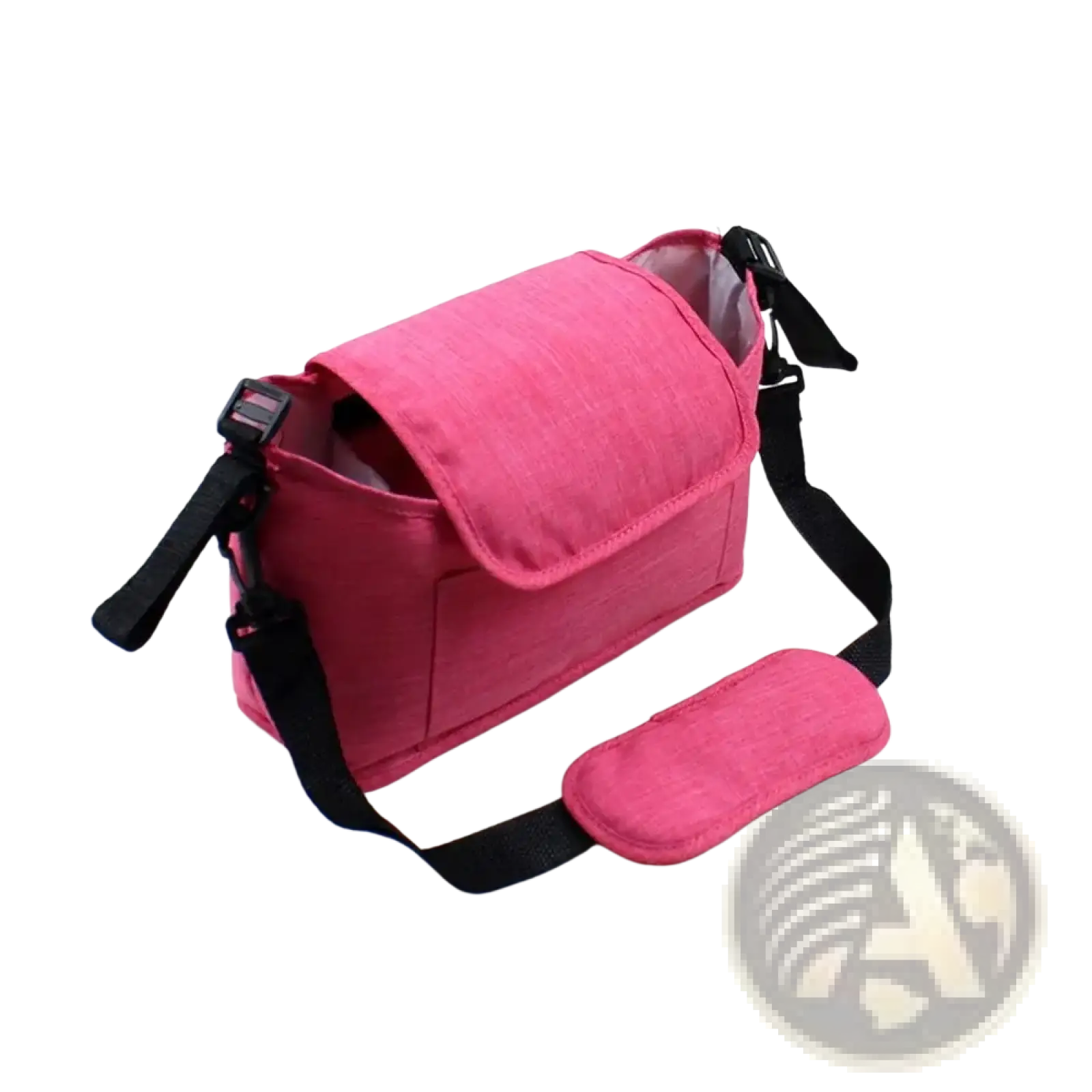 Pink fabric stroller organizer bag with black adjustable straps and padded shoulder pad for universal pram storage