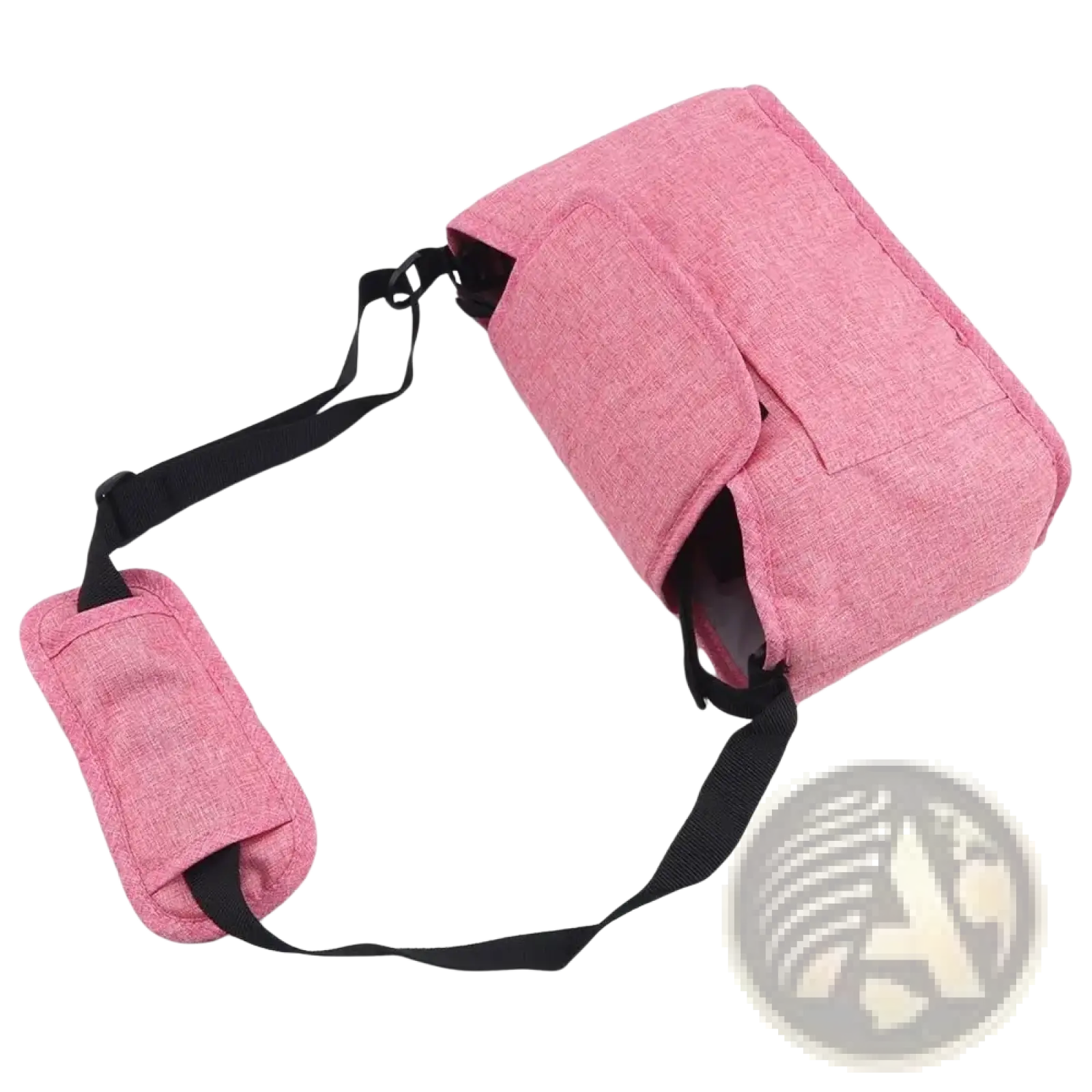 Pink textured fabric stroller organizer bag with black adjustable strap and matching padded handle for pram storage