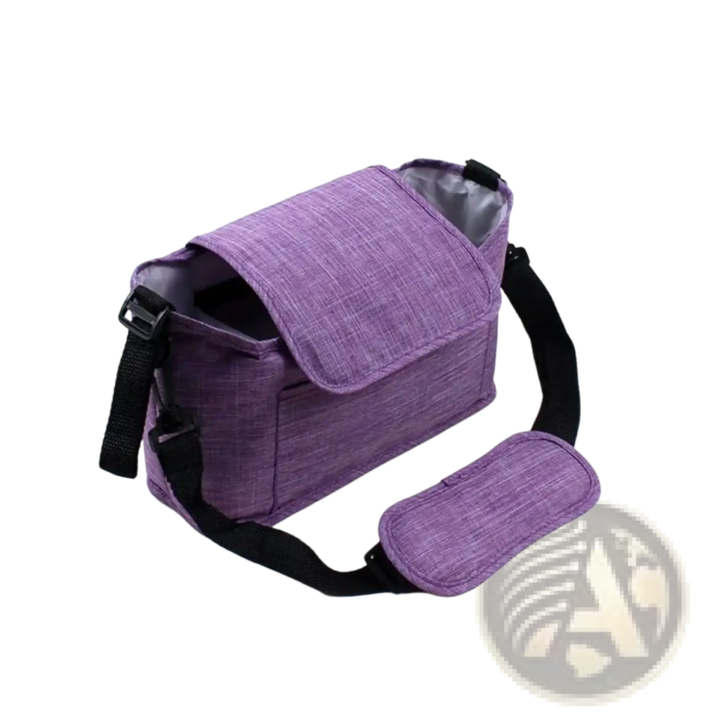 Purple textured fabric stroller organizer bag cooler with black adjustable strap and padded shoulder pad